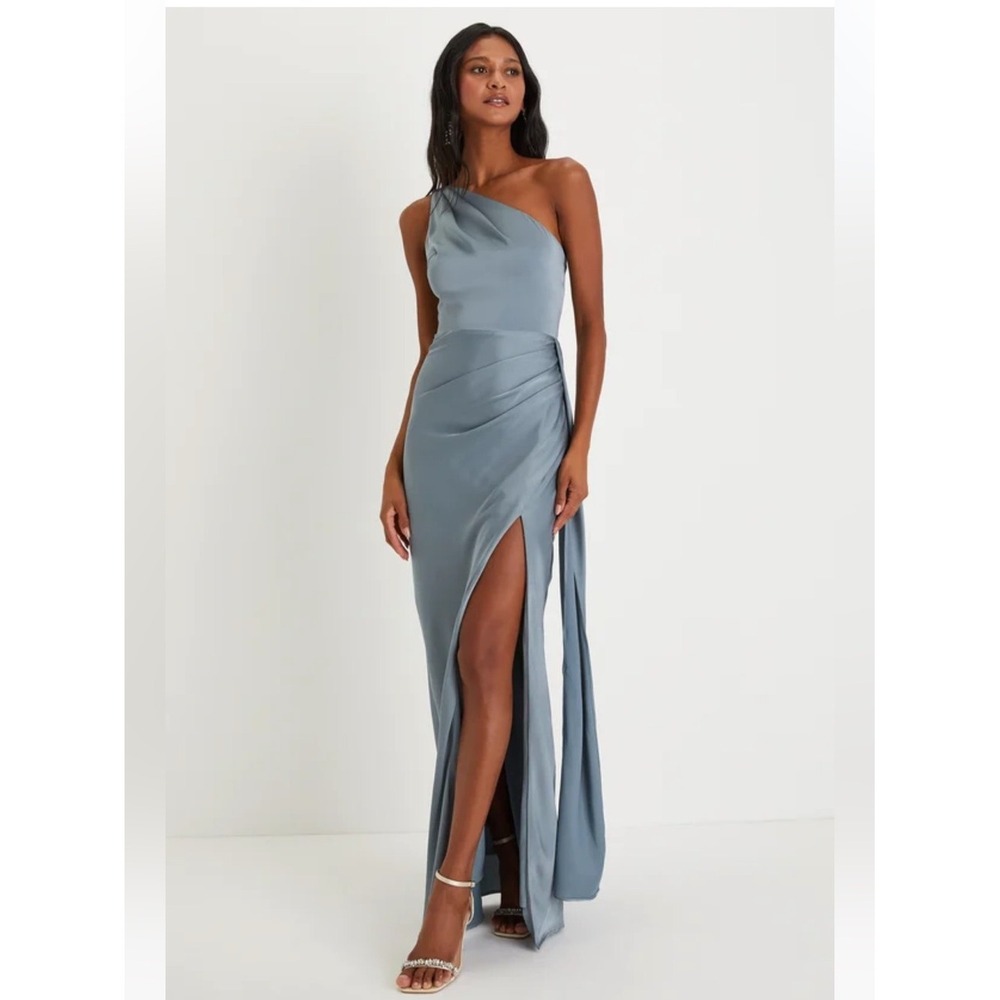 Lulus Signature Elegance Slate Blue Satin One-Shoulder Maxi Dress Womens M NEW